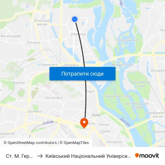Ст. М. Героїв Дніпра to Київський Національний Університет Імені Тараса Шевченка map