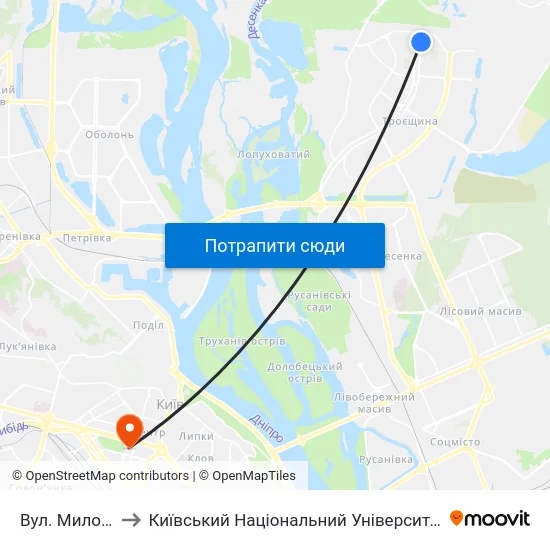 Вул. Милославська to Київський Національний Університет Імені Тараса Шевченка map