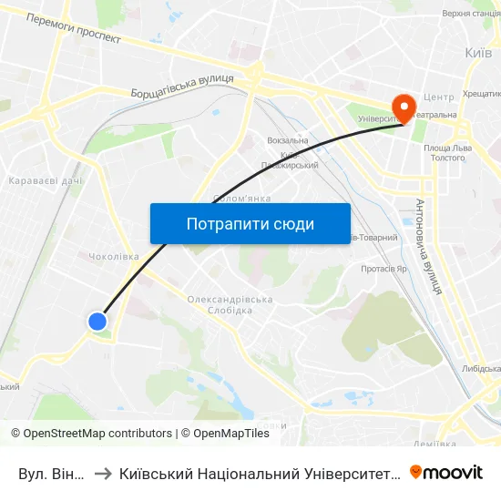 Вул. Вінницька to Київський Національний Університет Імені Тараса Шевченка map