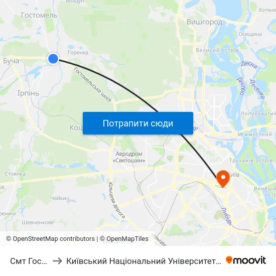 Смт Гостомель to Київський Національний Університет Імені Тараса Шевченка map