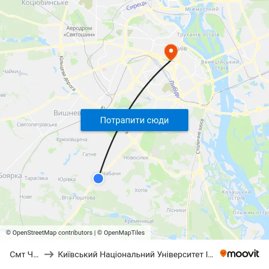 Смт Чабани to Київський Національний Університет Імені Тараса Шевченка map