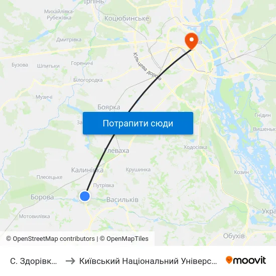 С. Здорівка (Поворот) to Київський Національний Університет Імені Тараса Шевченка map