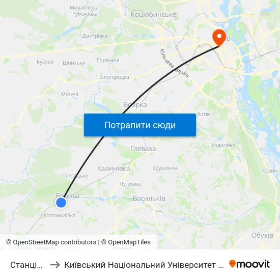 Станція Білки to Київський Національний Університет Імені Тараса Шевченка map