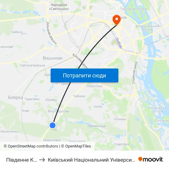 Південне Кладовище to Київський Національний Університет Імені Тараса Шевченка map