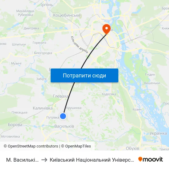 М. Васильків (Городок) to Київський Національний Університет Імені Тараса Шевченка map