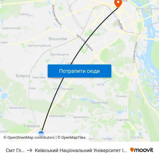 Смт Глеваха to Київський Національний Університет Імені Тараса Шевченка map