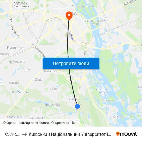 С. Лісники to Київський Національний Університет Імені Тараса Шевченка map