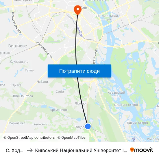 С. Ходосівка to Київський Національний Університет Імені Тараса Шевченка map