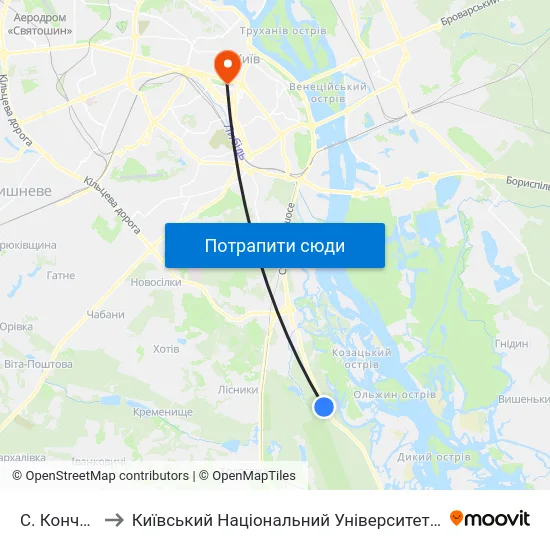 С. Конча-Заспа to Київський Національний Університет Імені Тараса Шевченка map