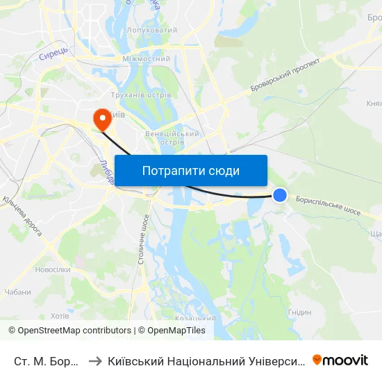 Ст. М. Бориспільська to Київський Національний Університет Імені Тараса Шевченка map