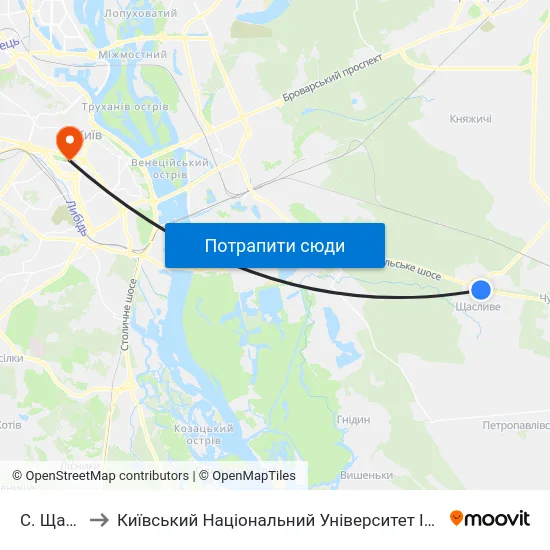 С. Щасливе to Київський Національний Університет Імені Тараса Шевченка map