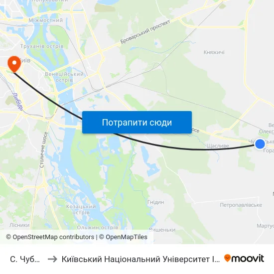 С. Чубинське to Київський Національний Університет Імені Тараса Шевченка map