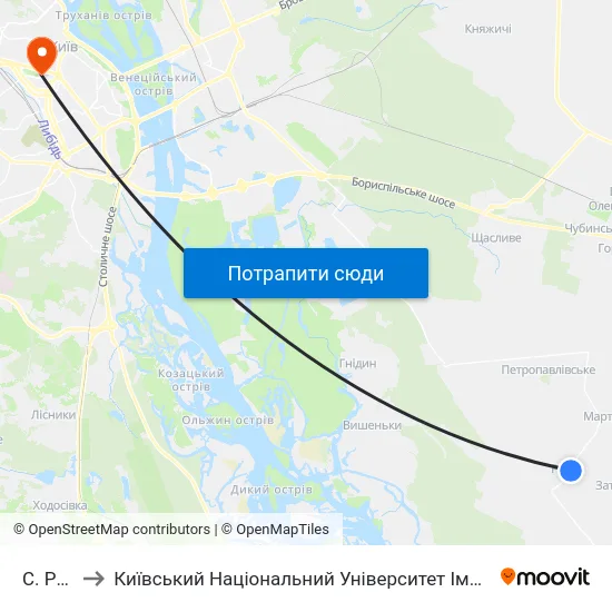 С. Ревне to Київський Національний Університет Імені Тараса Шевченка map