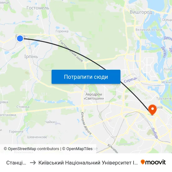 Станція Буча to Київський Національний Університет Імені Тараса Шевченка map