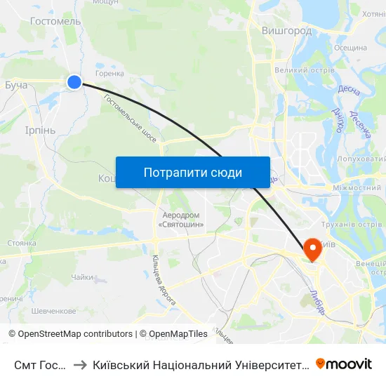 Смт Гостомель to Київський Національний Університет Імені Тараса Шевченка map