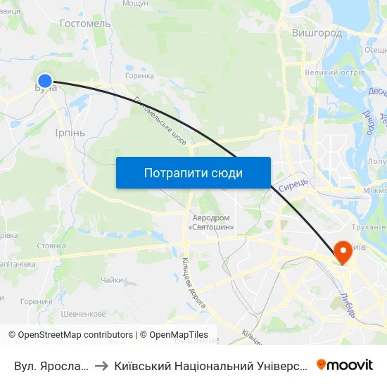 Вул. Ярослава Мудрого to Київський Національний Університет Імені Тараса Шевченка map