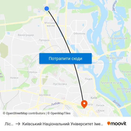 Лісова to Київський Національний Університет Імені Тараса Шевченка map