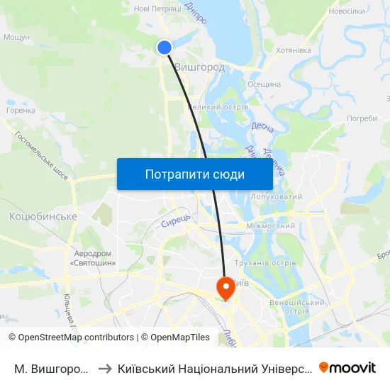 М. Вишгород (Дідовиця) to Київський Національний Університет Імені Тараса Шевченка map