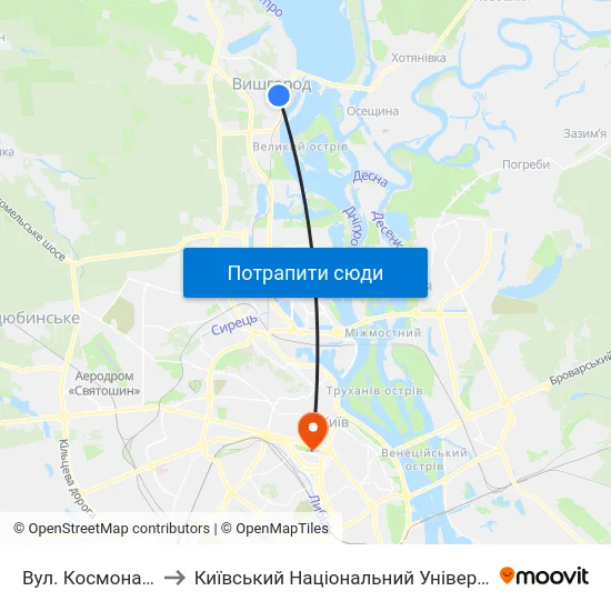 Вул. Космонавта Поповича to Київський Національний Університет Імені Тараса Шевченка map