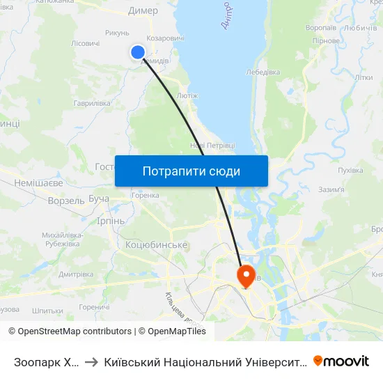 Зоопарк XII Місяців to Київський Національний Університет Імені Тараса Шевченка map