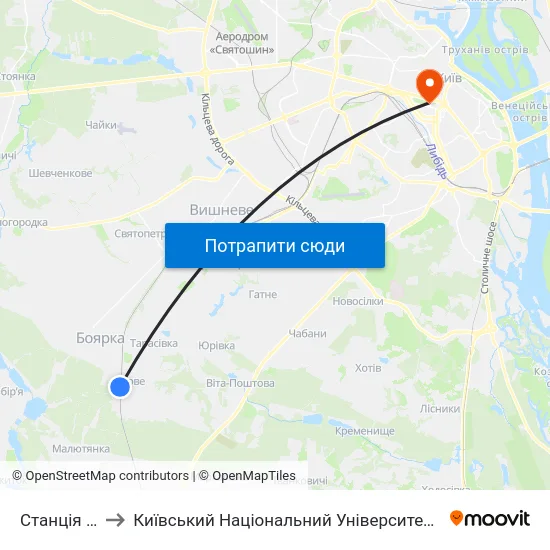 Станція Боярка to Київський Національний Університет Імені Тараса Шевченка map