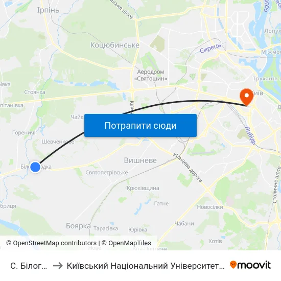 С. Білогородка to Київський Національний Університет Імені Тараса Шевченка map