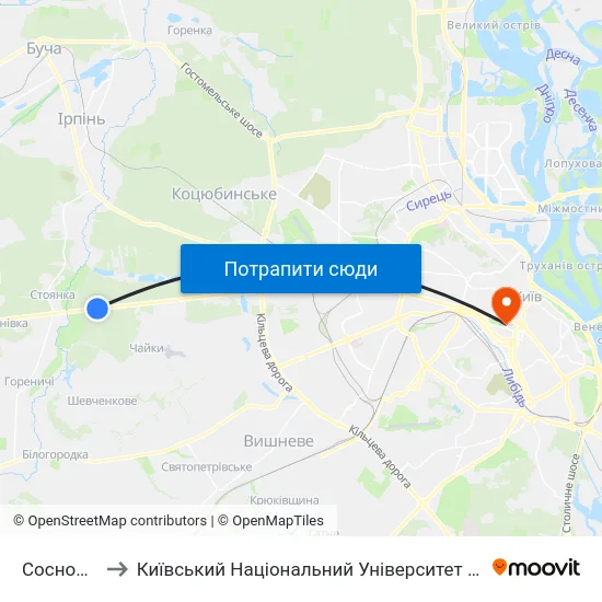 Сосновий Бір to Київський Національний Університет Імені Тараса Шевченка map