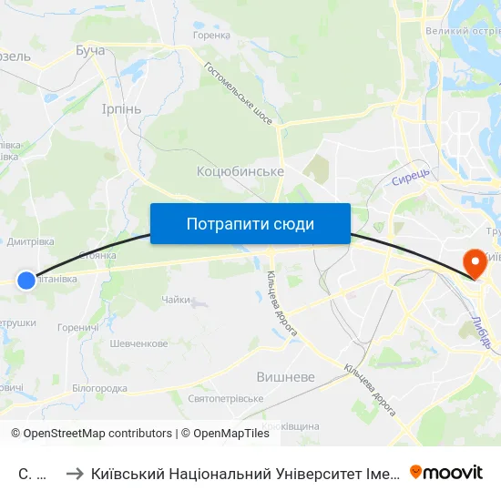 С. Мила to Київський Національний Університет Імені Тараса Шевченка map