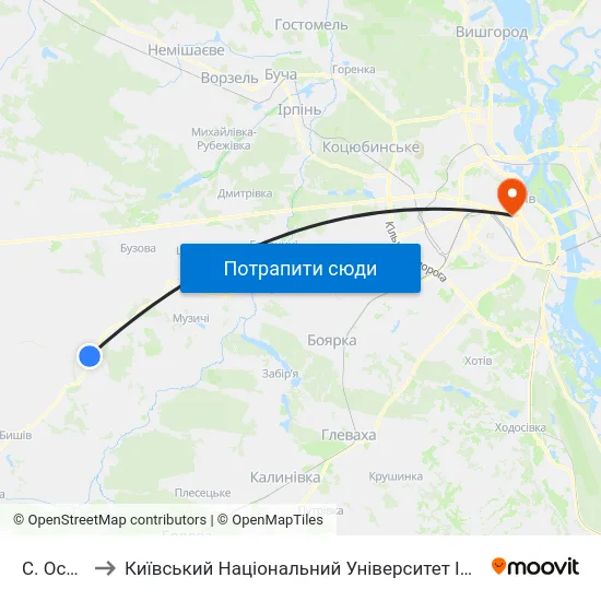 С. Осикове to Київський Національний Університет Імені Тараса Шевченка map