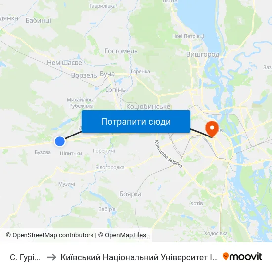 С. Гурівщина to Київський Національний Університет Імені Тараса Шевченка map