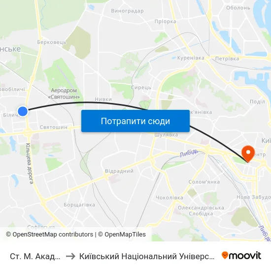 Ст. М. Академмістечко to Київський Національний Університет Імені Тараса Шевченка map