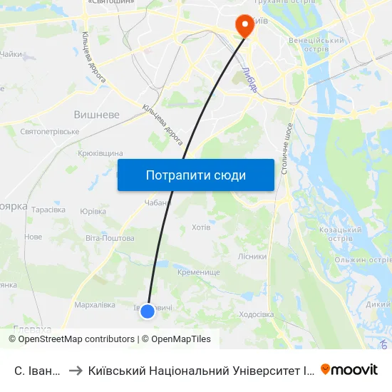 С. Іванковичі to Київський Національний Університет Імені Тараса Шевченка map