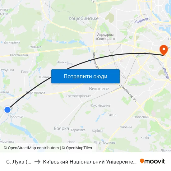 С. Лука (Церква) to Київський Національний Університет Імені Тараса Шевченка map