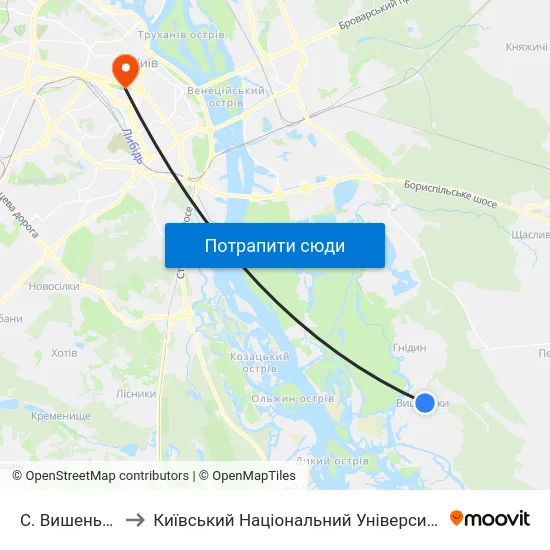 С. Вишеньки (Центр) to Київський Національний Університет Імені Тараса Шевченка map