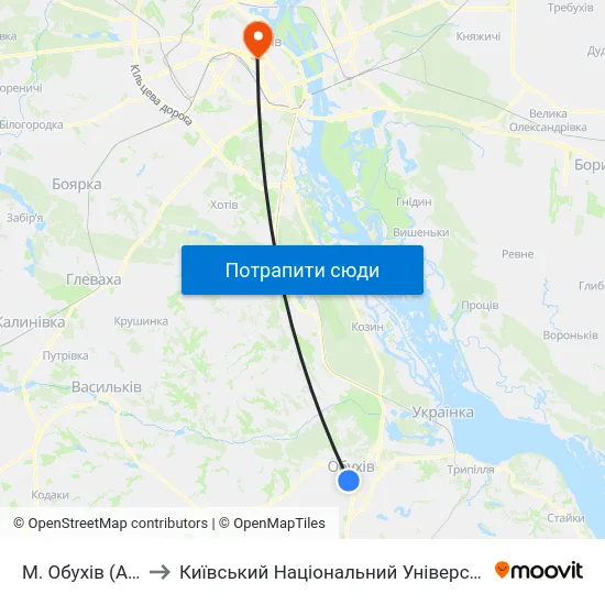М. Обухів (Автостанція) to Київський Національний Університет Імені Тараса Шевченка map