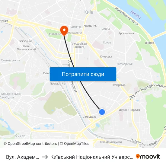 Вул. Академіка Філатова to Київський Національний Університет Імені Тараса Шевченка map