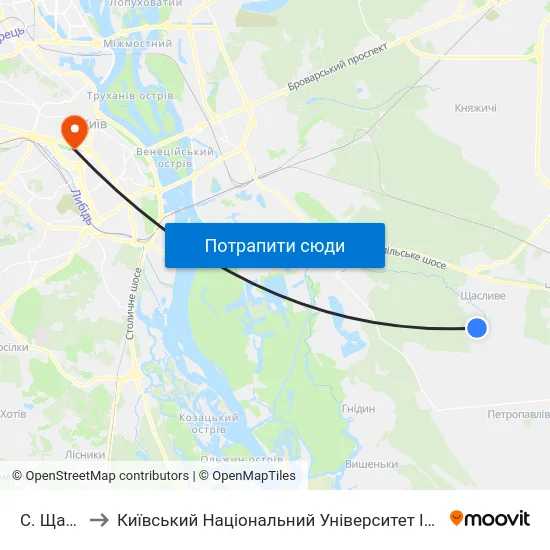 С. Щасливе to Київський Національний Університет Імені Тараса Шевченка map