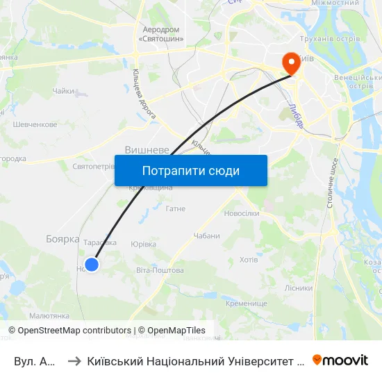 Вул. Амосова to Київський Національний Університет Імені Тараса Шевченка map