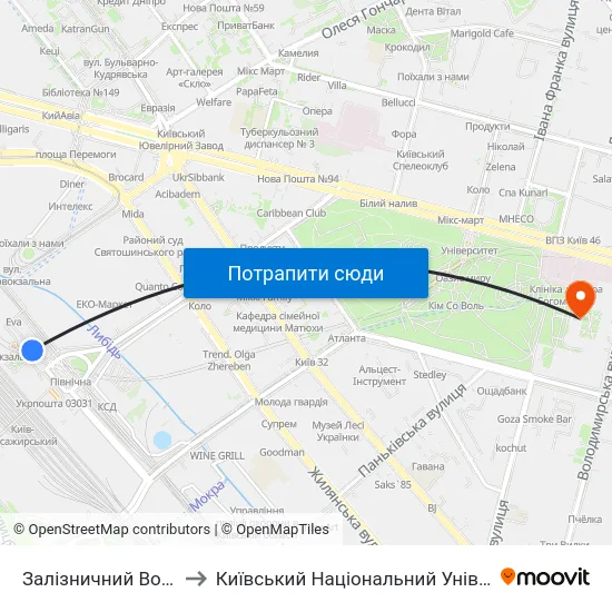 Залізничний Вокзал Центральний to Київський Національний Університет Імені Тараса Шевченка map