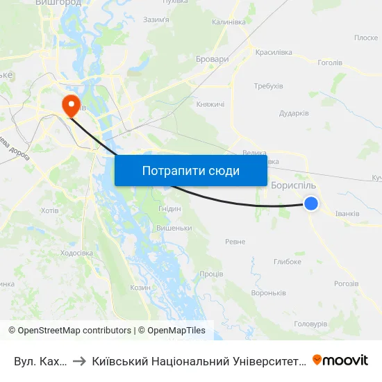 Вул. Каховська to Київський Національний Університет Імені Тараса Шевченка map