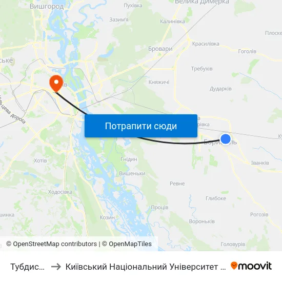 Тубдиспансер to Київський Національний Університет Імені Тараса Шевченка map