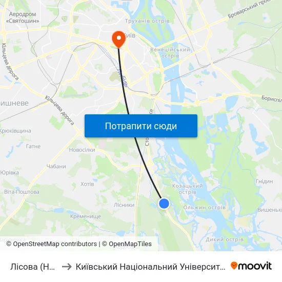 Лісова (На Вимогу) to Київський Національний Університет Імені Тараса Шевченка map