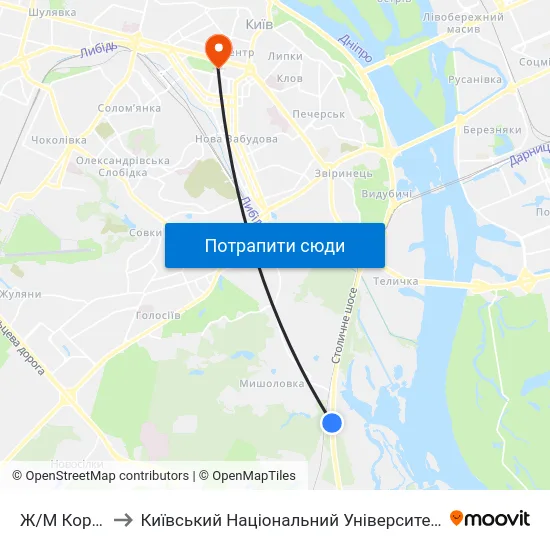 Ж/М Корчувате-2 to Київський Національний Університет Імені Тараса Шевченка map
