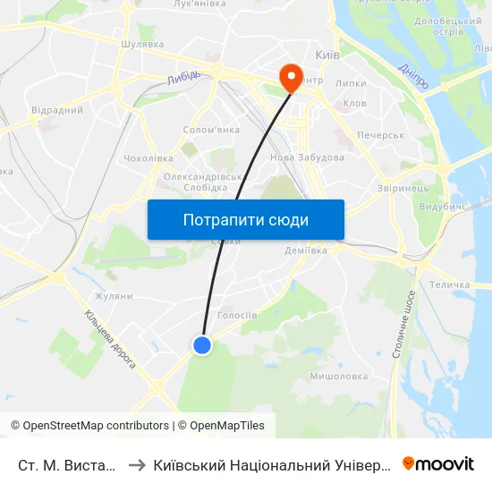 Ст. М. Виставковий Центр to Київський Національний Університет Імені Тараса Шевченка map