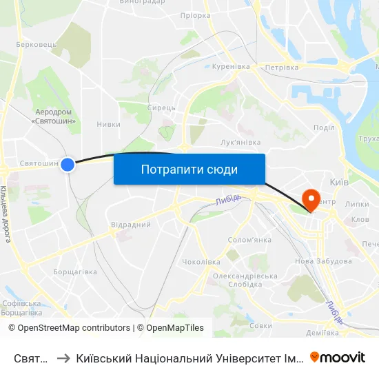 Святошин to Київський Національний Університет Імені Тараса Шевченка map