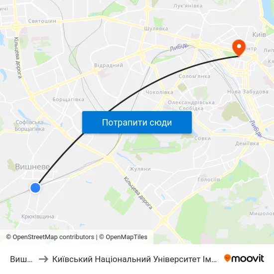 Вишневе to Київський Національний Університет Імені Тараса Шевченка map