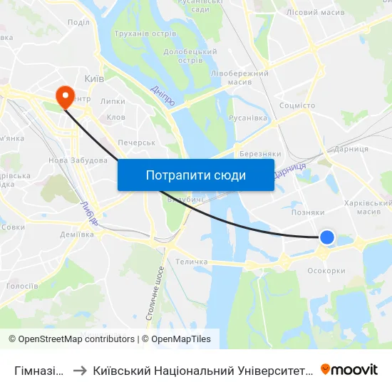 Гiмназiя №315 to Київський Національний Університет Імені Тараса Шевченка map