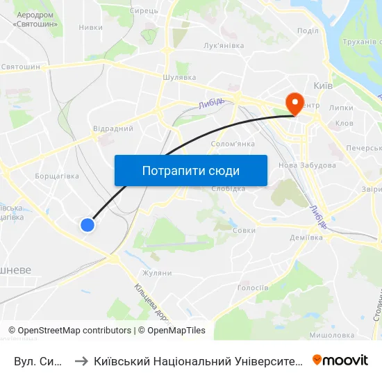 Вул. Симиренка to Київський Національний Університет Імені Тараса Шевченка map