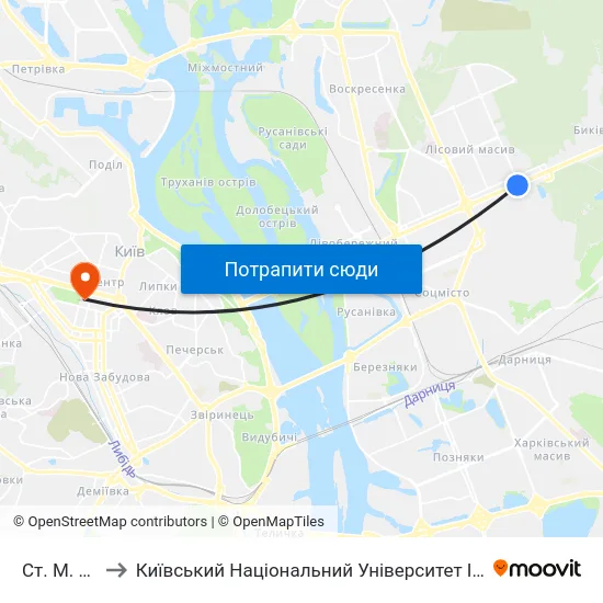 Ст. М. Лісова to Київський Національний Університет Імені Тараса Шевченка map