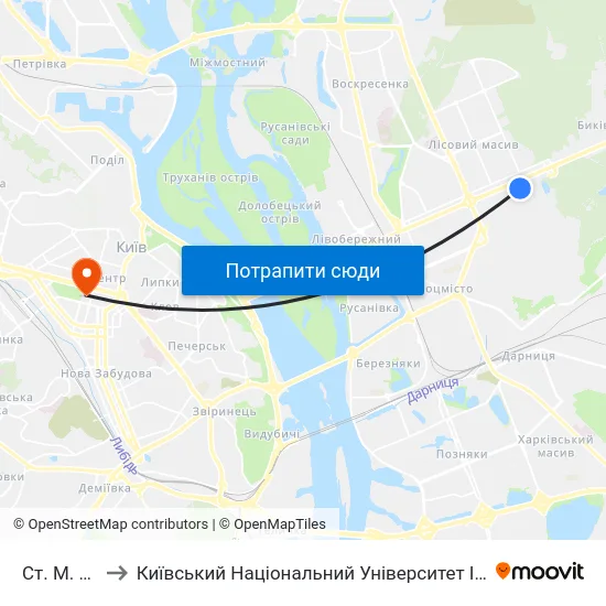 Ст. М. Лісова to Київський Національний Університет Імені Тараса Шевченка map